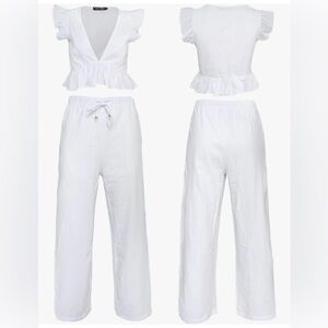 2pc White Split Leg Crop Top Set